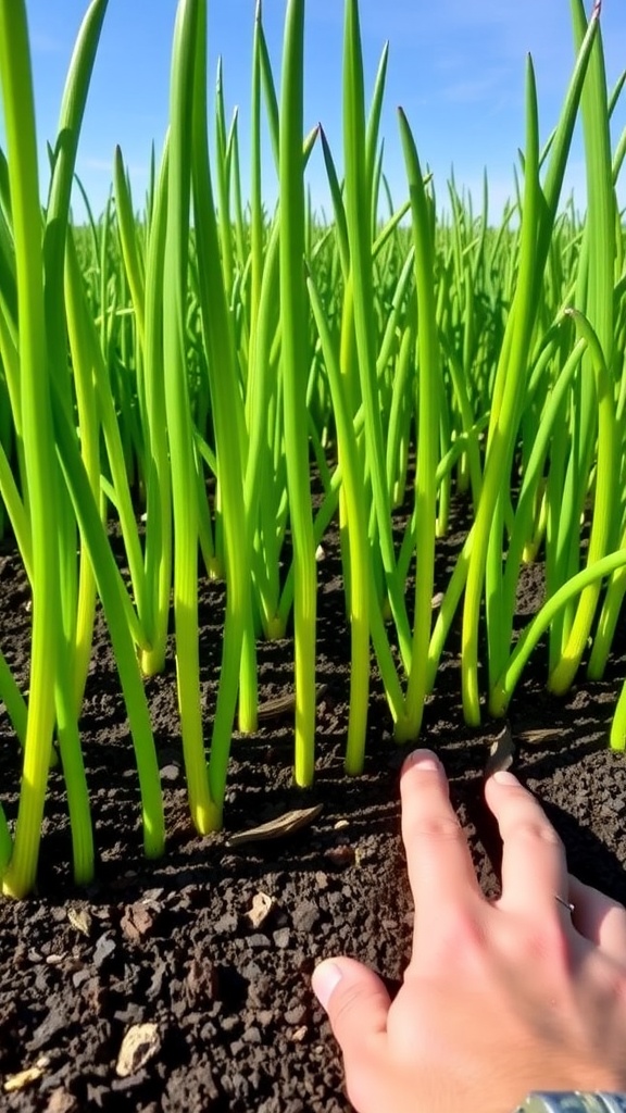 Lush green garlic plants growing in a garden bed under a clear sky.